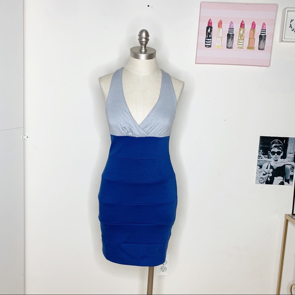 Sexy  V-neck dress gray and royal blue szM NWOT